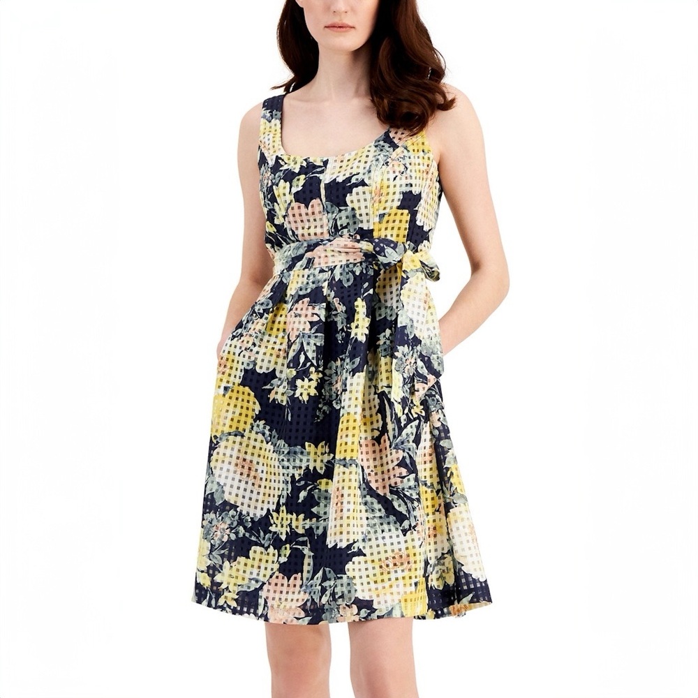 Anne Klein Printed Organza Check Fit & Flare Dress